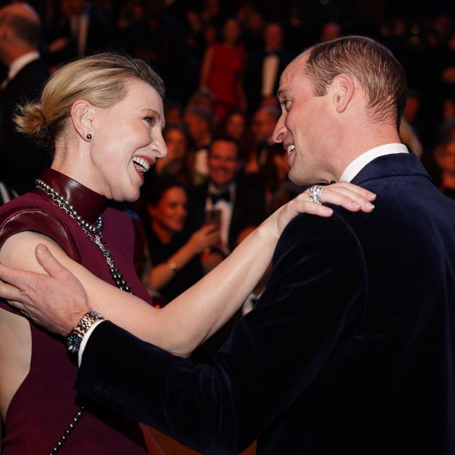 The Prince of Wales, president of Bafta, talks with Cate Blanchett at the Bafta Film Awards 2024, at the Royal Festival Hall, Southbank Centre, London.