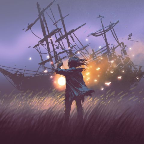 night scenery of a man with magic lantern standing in field looking at shipwreck, digital art style, illustration painting - Image ID: PKM2XC (RF)